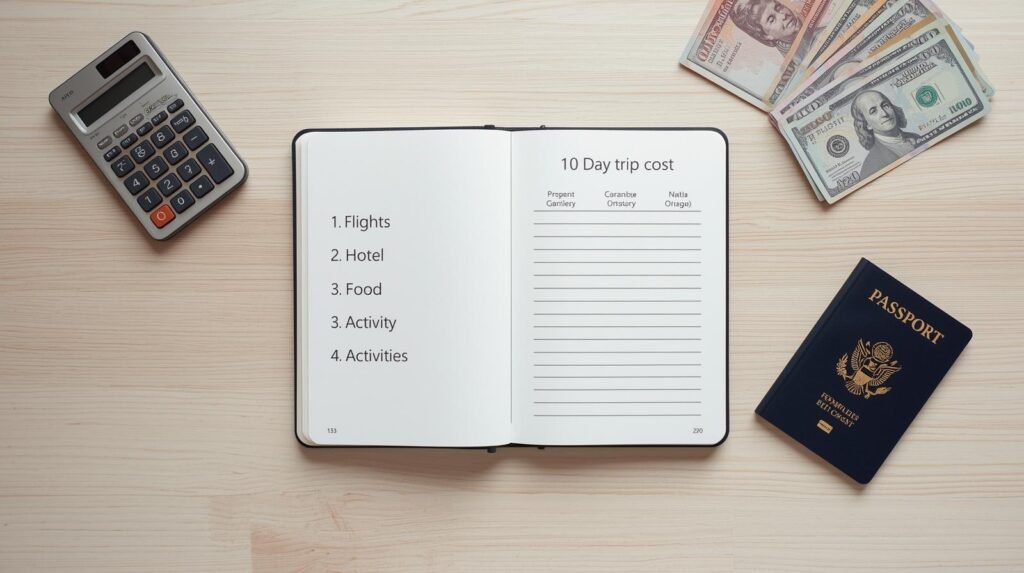 Flat lay of a notebook labeled “10 Day trip cost” with a list of flights, hotel, food and activities, plus a calculator, cash and passport on a light wooden desk