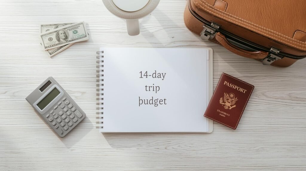 Flat lay of a notebook labeled 14-day trip budget with a calculator, cash, coffee, suitcase and passport on a light wooden desk.