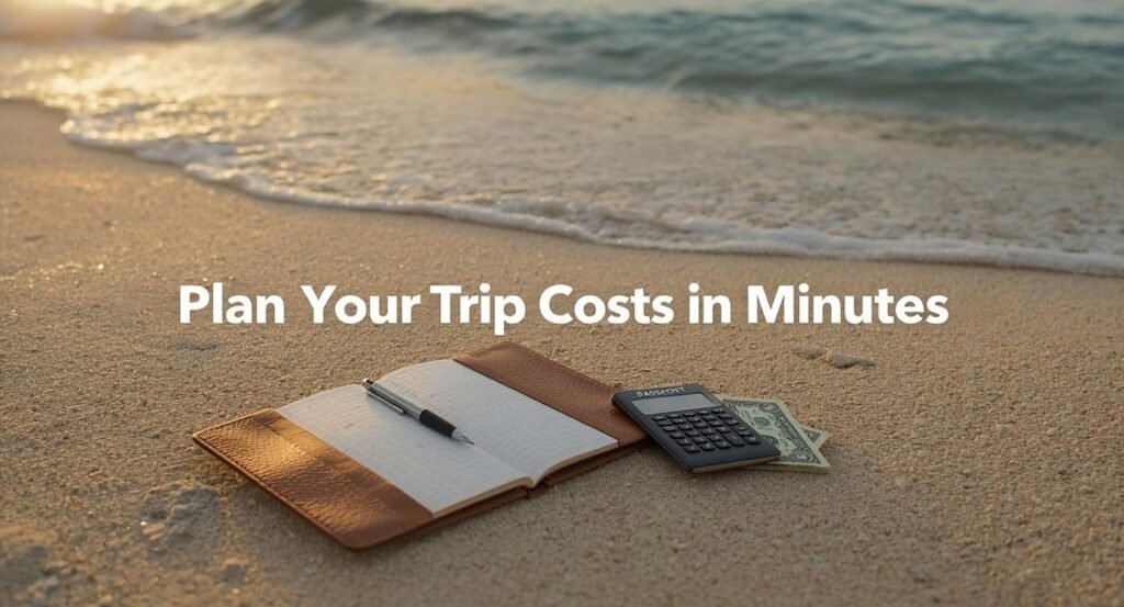Sunset beach with notebook, calculator, passport, and money on the sand – plan your trip budget with CostPerTrip