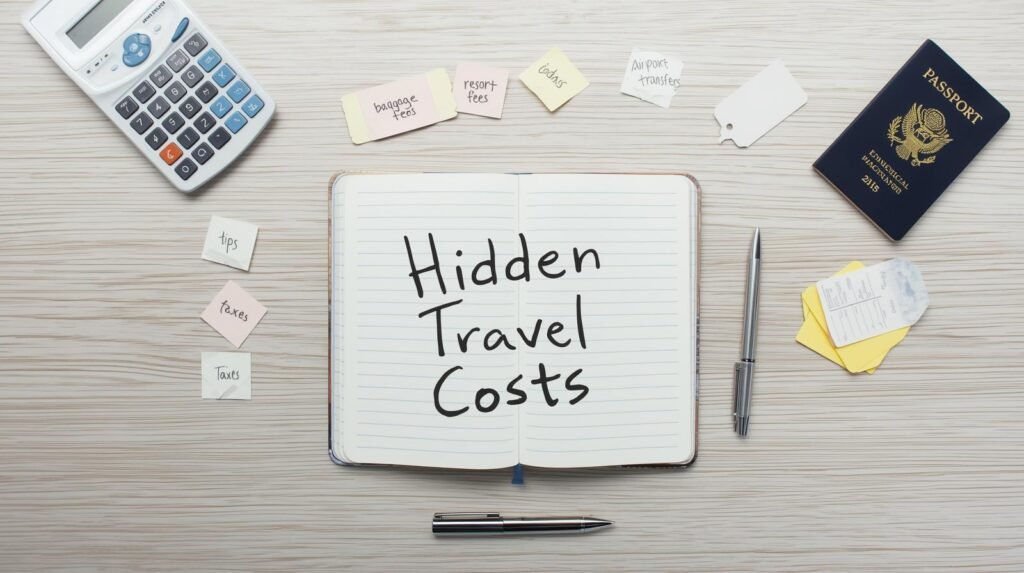 Flat lay of a travel budget notebook labeled "Hidden travel costs" with sticky notes for baggage fees, resort fees, taxes and tips next to a calculator, passport and pen on a light wooden desk.