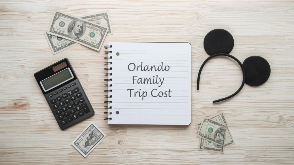 Flat lay of Orlando family vacation budget notebook with calculator, cash, and theme park travel items
