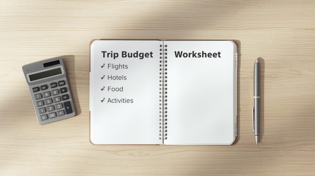 Trip budget worksheet notebook with flights, hotels, food and activities, calculator and pen on a light wooden desk.