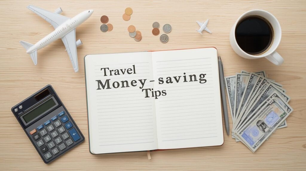 Top-down view of a notebook titled “Travel Money-saving Tips” with calculator, coffee, coins, and travel cash on a wooden desk