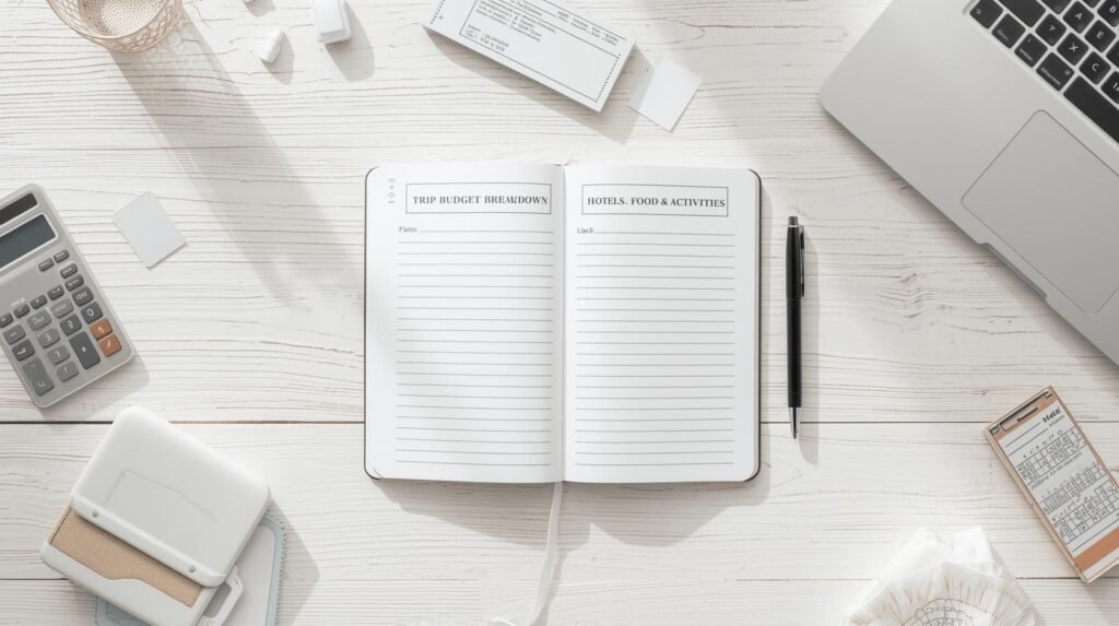 Flat lay of an open notebook titled "Trip budget breakdown" and "Hotels, food & activities" with calculator, laptop and travel receipts on a light desk.