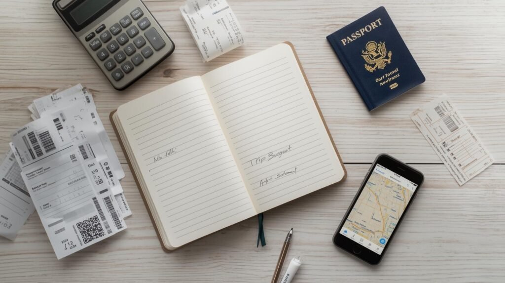 Trip budget planning with notebook, calculator, passport, and phone map.