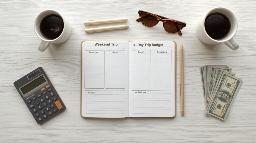 Flat lay of an open notebook labeled “Weekend Trip – 3-Day Trip Budget” with a calculator, coffee cups, sunglasses and a small stack of cash on a light wooden desk